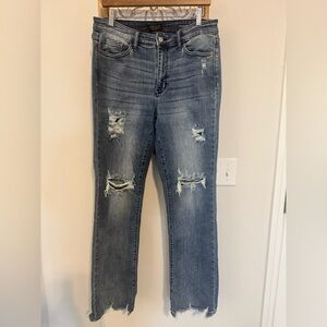 Judy Blue Straight Leg Blue Jeans with Distressed Details